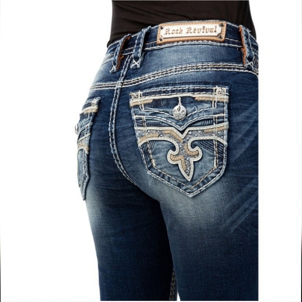 Rock Revival Easy Skinny Chile Blue Jeans Overstitched Luxury Slip Pocket Chic